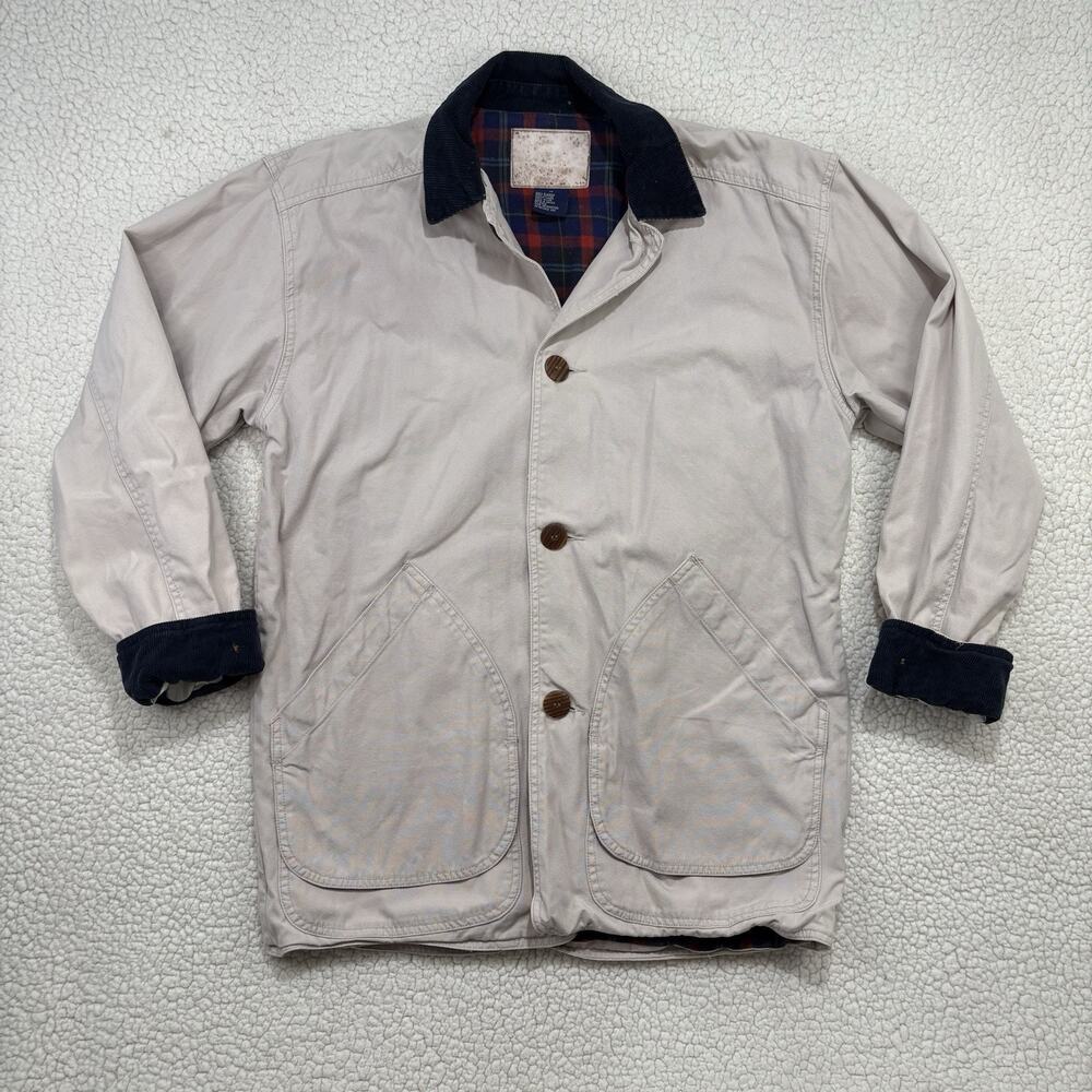 VTG Chore Jacket Field Barn Coat Mens M Flannel Lined Corduroy Collar Cream Navy